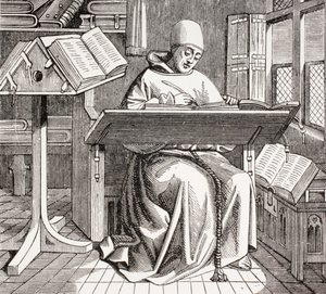 Un monje escriba rodeado de manuscritos y libros en su escritorio, después de una obra del siglo XV, de 